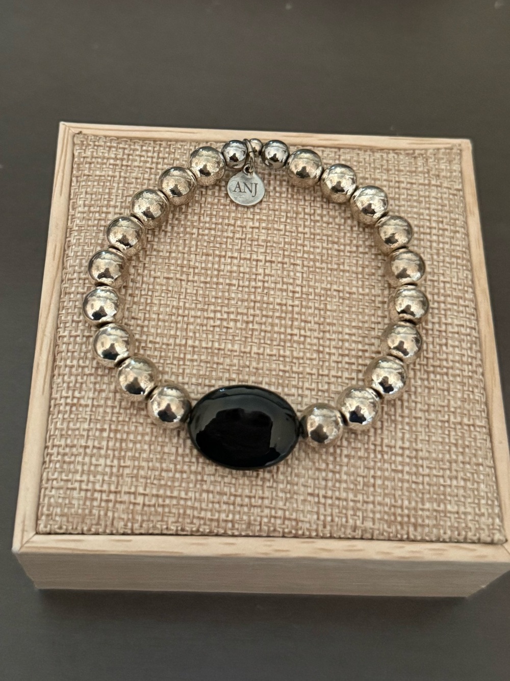 ANJ (now SaltyWrists) Silver Bead Bracelet with Black Onyx center